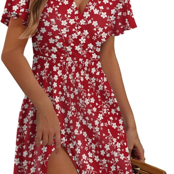 Women Summer Floral Sundress Plus Size Wrap V-Neck Ruffle Short Sleeves - Picture 1 of 6